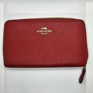 Coach Medium ID Red Pebble Leather Zip Around Wallet with Gold Trim